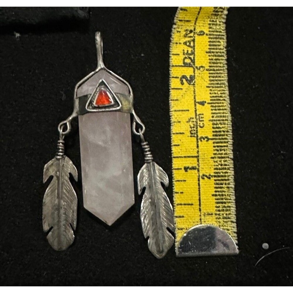 Vtg Native American Sterling Rose Quartz Point Feather Fringe Pendant